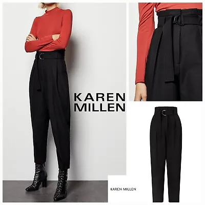Karen Millen Black High Waist Trousers Paperbag Tailored Size 10 Tapered Elegant • £45