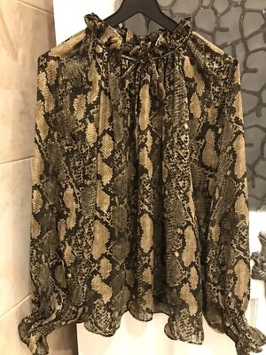 £2.75 • Buy Ladies H&M Snakeskin Pattern Long Sleeved Blouse Green/black/beige Size 10 Frill