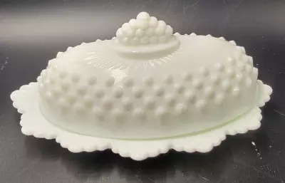 Vintage Fenton Hobnail Rare Milk Glass Butter Dish With Lid Scallop Crown Top • $24