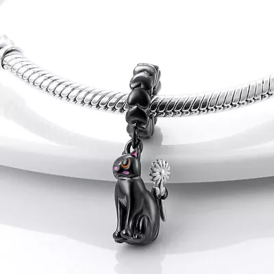 Genuine Sterling Silver 925 Black Kitten Flower Cat Pet Charm • £14.99