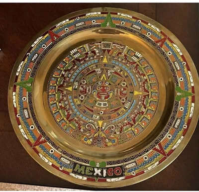 Mexican Aztec Enamel On Meenakari Vintage Brass Decor Red Blue Colorful Art • $12.99