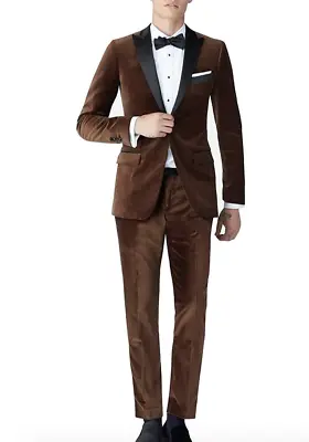 Brown Men Velvet Suit Peak Lapel Slim Fit Prom Party Groom Tuxedo Wedding Custom • $84.55