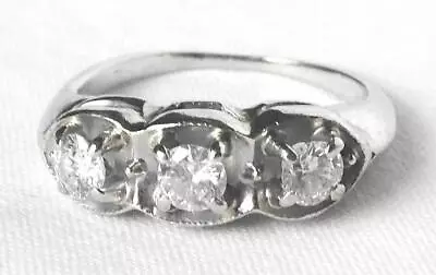 Vintage 14k White Gold .35 Ct Diamond 3 Stone Wedding Anniversary Band Ring • $399