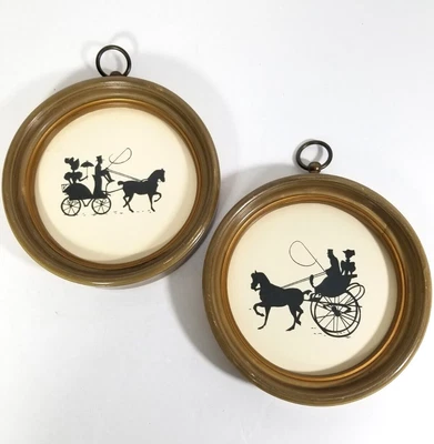 $14.99 • Buy Vintage Horse Drawn Carriage Mid Century Round Framed Silhouette Pictures
