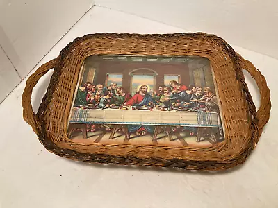 Vintage Wicker Tray With Last Supper Picture Under Glass 15 1/2  X 11  Overall • $21.99