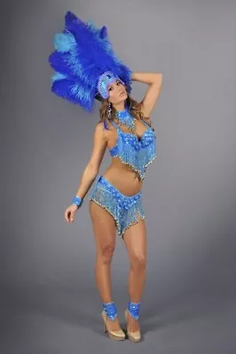 LAS VEGAS SHOWGIRL BRAZILIAN DANCER Womens Blue GLITTER COSTUME 8 Pcs SET New • $289.95