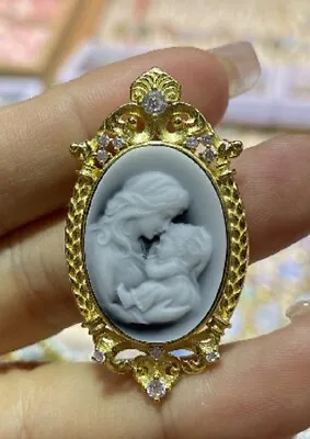 F18 Mother And Child Baby Cameo Pearl Black Agate Pendant Silver 925 • $102.52