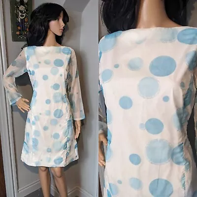 Vintage 60s Cotton Chiffon Blue Spot Circle Shift Dress Mini Mod 8 10 38 • £29.99