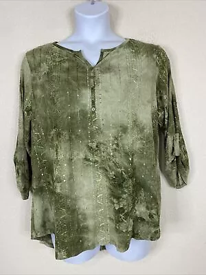$15.52 • Buy DB Womens Plus Size 1X Green Crumple Dye Sequin Blouse Roll Tab Sleeve Stretch
