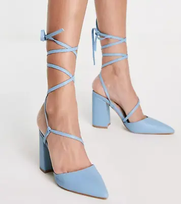 ASOS London Rebel Block Heel Tie Leg Shoes Heels Blue Size 6 39 • £5.99