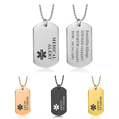 Personalised Medical Alert Amy Dog Tag Men Necklace ID Medical Allergy Emergency • £6.99