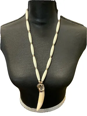 RARE Vintage Handmade Bone Beads  With Horn Pendant 28” Silver Tone Beads • $89