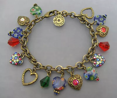 Vintage Sweet Romance Millefiori Rhinestone Crystal Heart Charm Link Bracelet • $28
