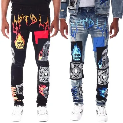 GFTD LA Los Angeles Men's Skinny Fit Panel Patch Fire Skull Distressed Rip Jeans • $38