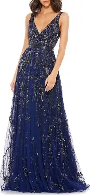 New Mac Duggal Beaded Plunge Neck Gown In Midnight Size 12 $498 • $239.98