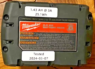Milwaukee M18 CP2.0 Battery TESTED: 1.43 AH @ 3A Load 25.1Wh 48-11-1820 • $10.50