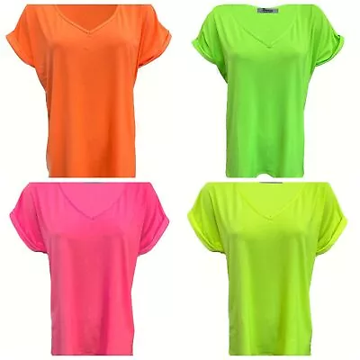 Ladies Baggy Loose Fit Turn Up Sleeve  T Shirt Womens V Neck Oversized Party Top • £8.99