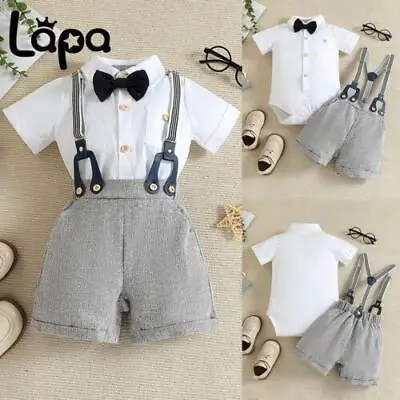 2PCS Baby Boys Gentleman Outfit Button Bow Romper Dungarees Set Overall Jumpsuit • £5.79