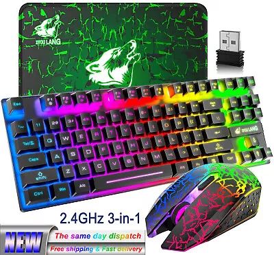 $42.99 • Buy Wireless Gaming Keyboard And Mouse Rainbow Mute Mice Gaming Mat For PC Mac PS4