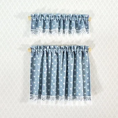 Dollhouse Curtains Nursery Kitchen Blue With White Hearts 1:12 Scale Miniature • $14.75