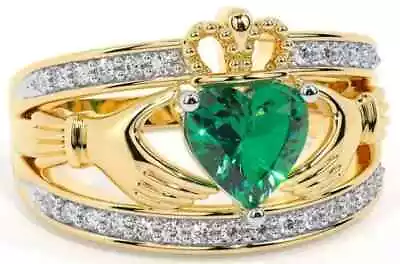 14K Yellow Gold Plated Silver Lab-Created Emerald Vintage Irish Claddagh Ring • $89.75