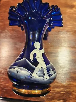 Egermann Mary Gregory Ruffled Cobalt Blue  Vase Boy Chasing Bird Czech Republic • $29.99