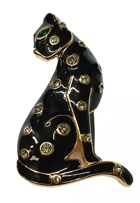 Vintage Rhinestone Brooch Black Enamel Cat Gray Stones Green Eyes Gold Tone • $21.95