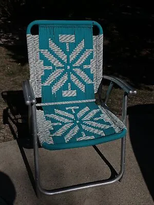 Vintage Mid Century Woven Macrame Aluminum Folding Lawn Chair ~ Patio Furniture • $125.99