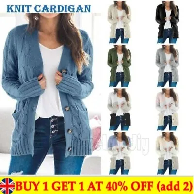 £13.85 • Buy Womens Ladies Chunky Cable Knit Cardigan Button Long Sleeves Grandad Plus Size