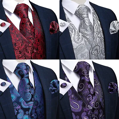 Mens Waistcoat Purple Blue Paisley Christmas Vest Suit Tie Set Hanky Wedding 3XL • $23.99