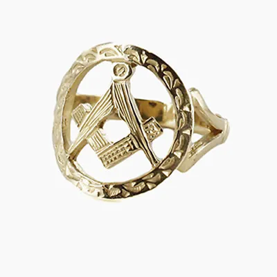 Large Gold Pierced Design Square And Compass Masonic Ring • £394.68