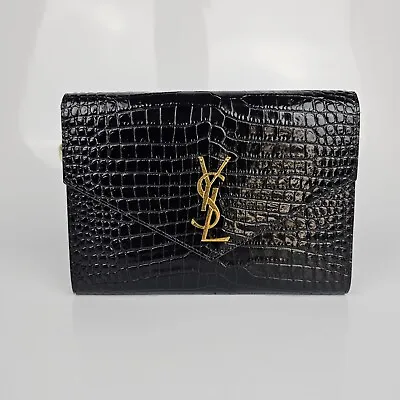 Saint Laurent Monogram Croc Embossed Black Leather Pouch Bag New • $1055.33