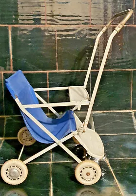 Old Pram Toy Doll Folding Metal And Fabric Blue And White Vintage • $88.44