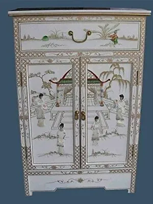 Oriental Chinese White Lacquer Mother Of Pearl Hand Painted Cabinet • £439