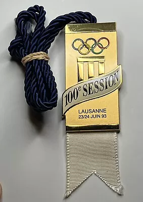 100th IOC Session Badge ~ 1993 Lausanne ~ Olympic ~ White Ribbon • $79