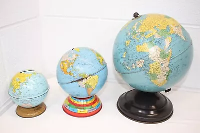 Vintage Lot Of 3! Litho Tin Metal World Map Globes 4  5.5  8  (2x Coin Banks) • $49.95