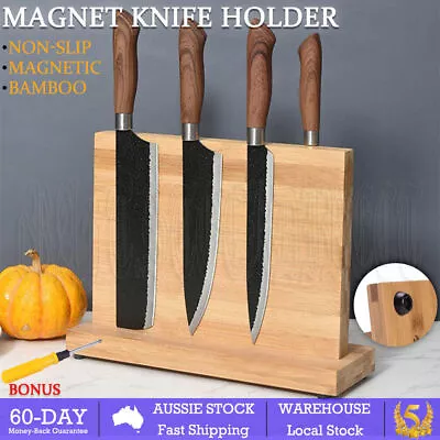 Double-sided Bamboo Knife Holder Magnet Cutlery Stand Storage Rack Block Kitchen • $28.99