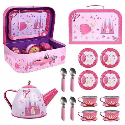 SOKA Kids Metal Tin Tea Party Set With Carry Case Pretend Role Play Toy Tea Set • £14.99