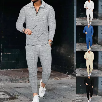 Mens Long Sleeve Solid Tracksuit V Neck T-Shirt Pants Set Jogging Suit Outfit UK • £6.99