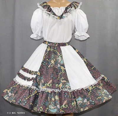 White Pink Turqoise Green Paisly Flower Square Dance Dress Size Medium • $34.95
