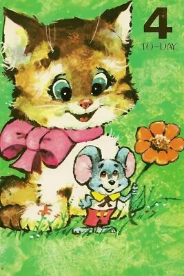 4th Happy Birthday Girls Boys Vintage Greeting Card 4 Years Old Cute Cat Mouse • £1.99