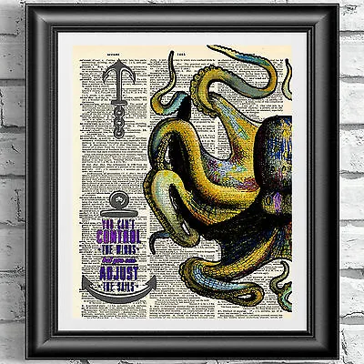 Yellow Octopus Book Page Print Wall Hanging Dictionary Quote Sail Nautical Decor • £5.99