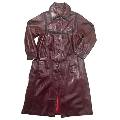 Vintage Maroon Red Leather Trench Coat Size 8 / M? 90s • $65