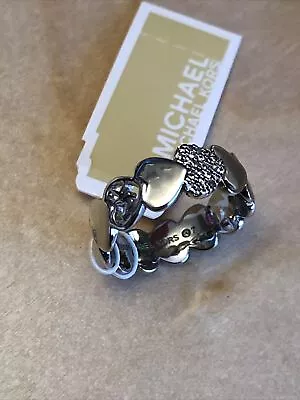 Michael Kors Silver Plated Over Brass Heart Crystal & Logo Ring Size 7 NWT • $52