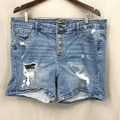 Torrid Exposed Button Front Blue Denim Jean Shorts Plus Sz 18 Stretch Distress • $19.95