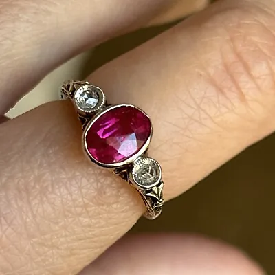 Antique 14k Gold Rose Cut Diamond Ruby Ring 5.5- 6 Nice! Unique Vintage • $325