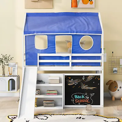 $513.89 • Buy Twin Over Twin House Bunk Bed With Blue Tent Slide Shelves And Blackboard 18AAK