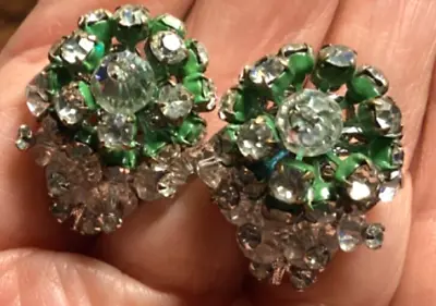 Vendome Green Enamel Rhinestone Earrings Clip On • $18