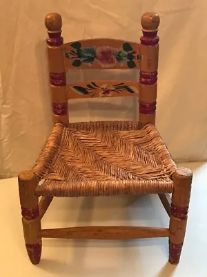 Vintage Mexican Child's Chair WOOD Hand-tooled Painted & Hand Twisted Rush Seat • $45
