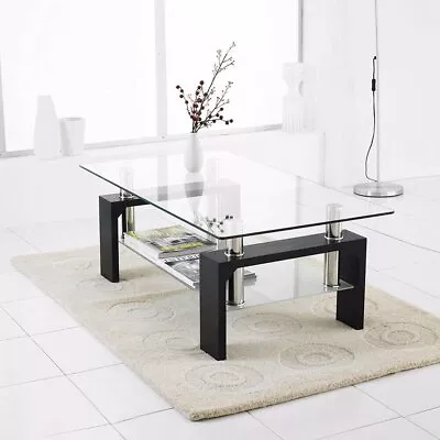 Rectangle Glass Coffee Table Modern Living Room Furniture Shelf White Black Grey • $193.80